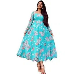anveri textiles Women's Aqua Blue Georgette Full Sleeve U Neck Fit-Flared Floral Printed Kurta Gown | Trendy Casual Indo Western Maxi Dress (166 Srushti aquablue_S)-picture-17