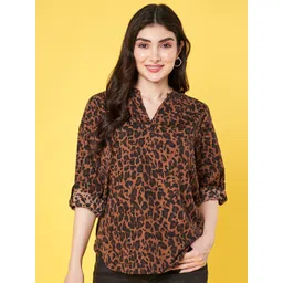 ANVI Be Yourself Animal Print Mandarin Collar Roll-Up Sleeves Shirt Style Top-picture-11