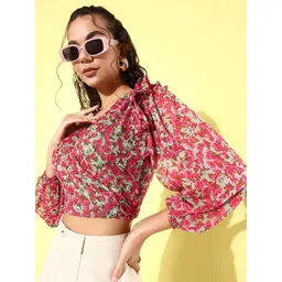 ANVI Be Yourself Blue Floral Printed Waist Tie Ups Chiffon Ruffled Crop Wrap Top-picture-42