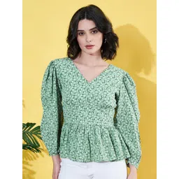 ANVI Be Yourself Floral Print Puff Sleeve Crepe Peplum Top-picture-34