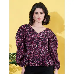 ANVI Be Yourself Floral Print Puff Sleeve Crepe Peplum Top-picture-35