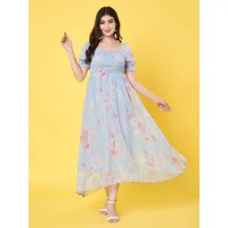 ANVI Be Yourself Floral Printed Smocked Puff Sleeves Square Neck Fit & Flare Midi Dress-picture-22