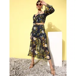 ANVI Be Yourself Women Navy Blue & Mustard Yellow Floral Printed Flared Midi Skirt-picture-19