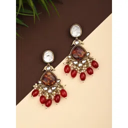 Anvik Gold Plated Artificial Stones Studded & Beaded Contemporary Drop Earrings-picture-13