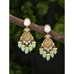 Anvik Gold Plated Artificial Stones Studded & Beaded Contemporary Drop Earrings-picture-15