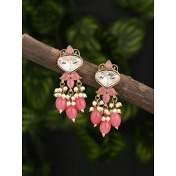 Anvik Gold Plated Kundan Studded & Pearls Beaded Contemporary Drop Earrings-picture-21