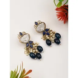 Anvik Gold-Plated Kundan Studded & Pearls Beaded Contemporary Drop Earrings-picture-24