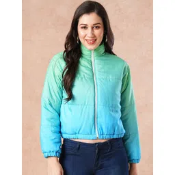 ANWAIND Blue Colourblocked Mock Collar Long Sleeves Zip Detail Crop Padded Jacket-picture-33