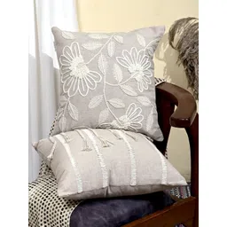 ANWYN Beige & Off White Set of 2 Embroidered Square Cushion Covers-image-11