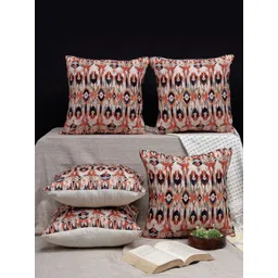 ANWYN Beige & Orange 5 Pcs Abstract Cotton Square Ethnic Motifs Cushion Covers-image-7