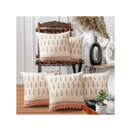 ANWYN Beige & Red 5 Pieces Ethnic Motifs Printed Pure Cotton Square Cushion Covers-image-8
