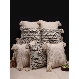 ANWYN Black & Beige 7 Pcs Self Design Textured Jacquard Square Tasselled Cushion Covers-image-21