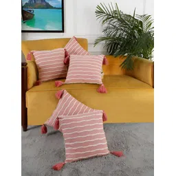 ANWYN Peach-Coloured & White 5 Pieces Square Cushion Covers-picture-38