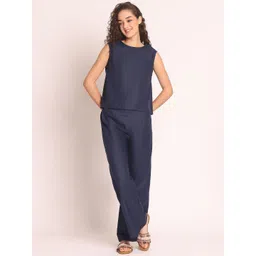 aoba EROTISSCH Blue Round Neck Linen Top & Trousers-picture-21