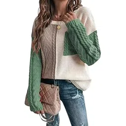 aocasdiy Women's Patchwork Pullover Sweater Long Sleeve Crew Neck Knitted Top with Pocket-picture-13