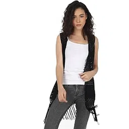 aol Women's Sleeveless Cotton Net Shrug Geometric Pattern Thigh Length Open Neck with Fringes-picture-29