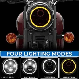 AOW 7 Inch 6 LED Headlight Dual Color DRL Ring Universal for All Royal Enfield Models, Mahindra Thar Jeep (White and Amber, Single Unit) H-28-picture-39