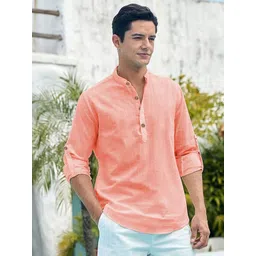 APEKTRA Men Band Collar Roll-Up Sleeves Kurta image 1