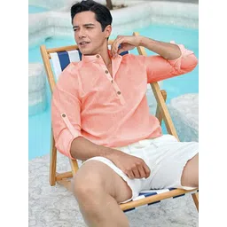 APEKTRA Men Band Collar Roll-Up Sleeves Kurta image 4