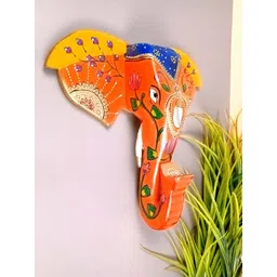 apka mart Orange & Blue Printed Elephant Head Hanging Wooden Wall Decor-picture-20