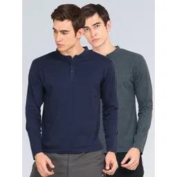 appulse Men Navy Blue & Charcoal Grey Pack Of 2 Henley Neck Slim Fit Cotton T-shirts-image-19