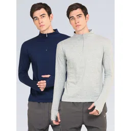 appulse Men Navy Blue & Grey Pack Of 2 High Neck Slim Fit Cotton One-Fourth Zipper & Thumbopen T-shirt-image-15
