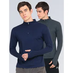 appulse Men Navy Blue & Grey Pack of 2 One-Fourth Zipper Thumb-Open Cotton T-shirt-image-2