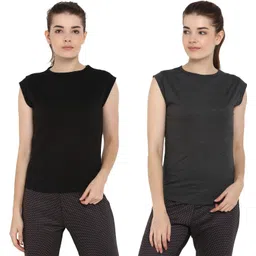 ap'pulse Pack of 2 Women Solid Round Neck Pure Cotton Black, Grey T-Shirt-picture-28