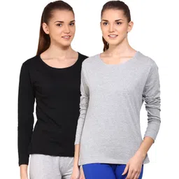 ap'pulse Pack of 2 Women Solid Round Neck Pure Cotton Black, Grey T-Shirt-picture-17