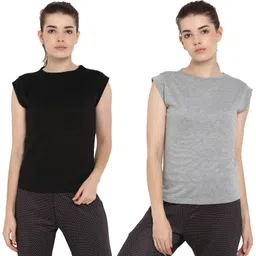 ap'pulse Pack of 2 Women Solid Round Neck Pure Cotton Black, Grey T-Shirt-picture-21
