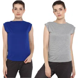 ap'pulse Pack of 2 Women Solid Round Neck Pure Cotton Blue, Grey T-Shirt-picture-35