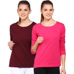 ap'pulse Pack of 2 Women Solid Round Neck Pure Cotton Brown, Pink T-Shirt-picture-38