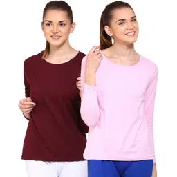 ap'pulse Pack of 2 Women Solid Round Neck Pure Cotton Brown, Pink T-Shirt-picture-30
