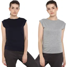 ap'pulse Pack of 2 Women Solid Round Neck Pure Cotton Dark Blue, Grey T-Shirt-picture-29