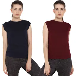 ap'pulse Pack of 2 Women Solid Round Neck Pure Cotton Dark Blue, Maroon T-Shirt-picture-31