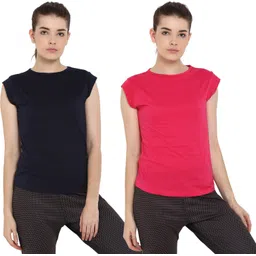 ap'pulse Pack of 2 Women Solid Round Neck Pure Cotton Dark Blue, Pink T-Shirt-picture-33