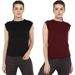 ap'pulse Pack of 2 Women Solid Round Neck Pure Cotton Maroon, Black T-Shirt-picture-17