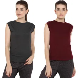 ap'pulse Pack of 2 Women Solid Round Neck Pure Cotton Maroon, Grey T-Shirt-picture-18