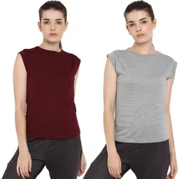 ap'pulse Pack of 2 Women Solid Round Neck Pure Cotton Maroon, Grey T-Shirt-picture-16