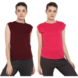 ap'pulse Pack of 2 Women Solid Round Neck Pure Cotton Maroon, Pink T-Shirt-picture-40