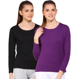 ap'pulse Pack of 2 Women Solid Round Neck Pure Cotton Purple, Black T-Shirt-picture-25