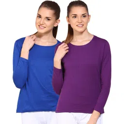 ap'pulse Pack of 2 Women Solid Round Neck Pure Cotton Purple, Blue T-Shirt-picture-13
