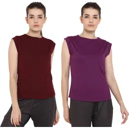 ap'pulse Pack of 2 Women Solid Round Neck Pure Cotton Purple, Maroon T-Shirt-picture-39