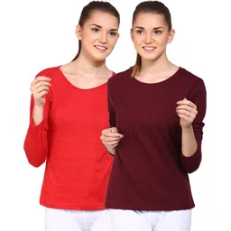 ap'pulse Pack of 2 Women Solid Round Neck Pure Cotton Red, Brown T-Shirt-picture-23
