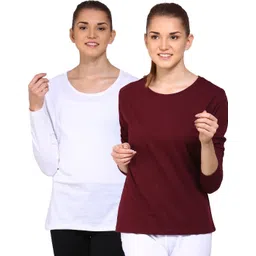 ap'pulse Pack of 2 Women Solid Round Neck Pure Cotton White, Brown T-Shirt-picture-38