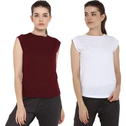 ap'pulse Pack of 2 Women Solid Round Neck Pure Cotton White, Maroon T-Shirt-picture-27