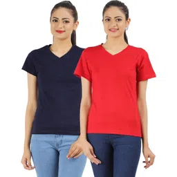 ap'pulse Pack of 2 Women Solid V Neck Cotton Blend Dark Blue, Red T-Shirt-picture-13