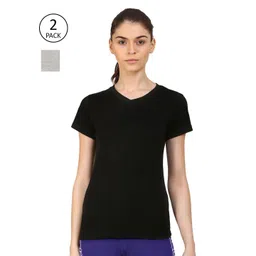 appulse Women Black & Grey Set Of 2 V-Neck Slim Fit Running T-shirt-picture-32