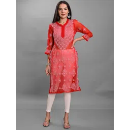 Apratim Red & White Ethnic Motifs Embroidered Chikankari Georgette Kurta-picture-25