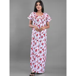 Apratim Women White Printed Pure Cotton Maxi Nightdress-picture-12
